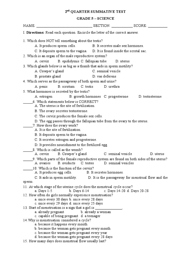 2nd Quarter Summative Test Science 5 | PDF | Menstrual Cycle | Flowers