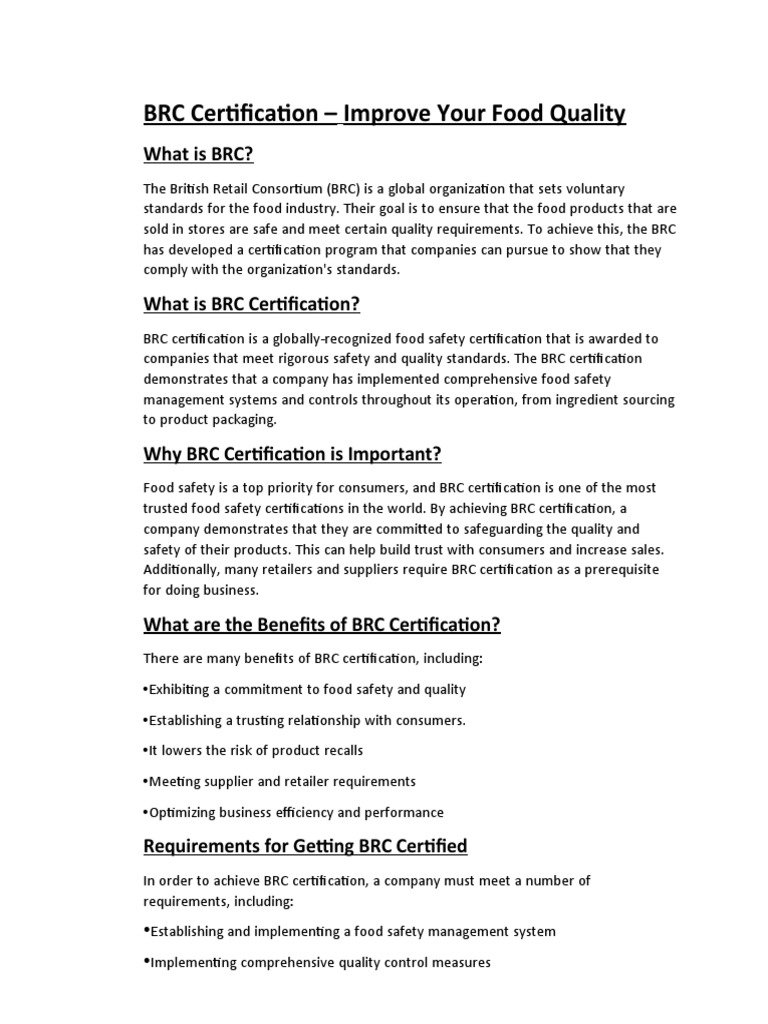 BRC Certification for Food Safety Standards | PDF | Food Safety ...