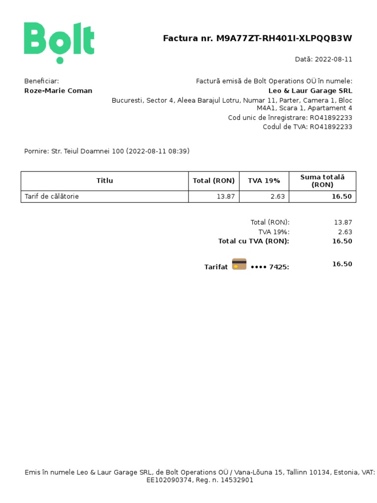 Ride Invoice From Bolt | PDF