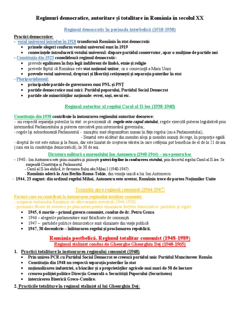 Regimurile Din Romania, Sec XX, BAC ISTORIE | PDF