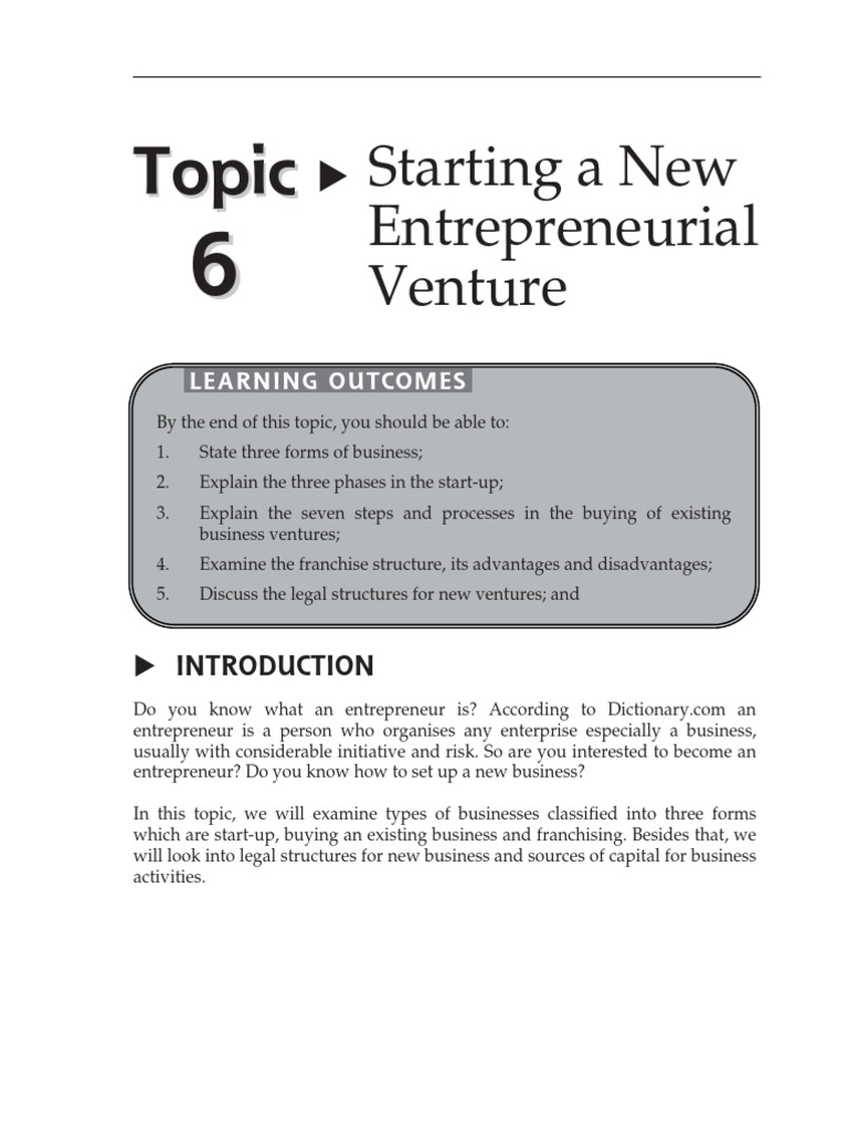 Topic 6 Starting A New Entrepreneurial Venture PDF Franchising