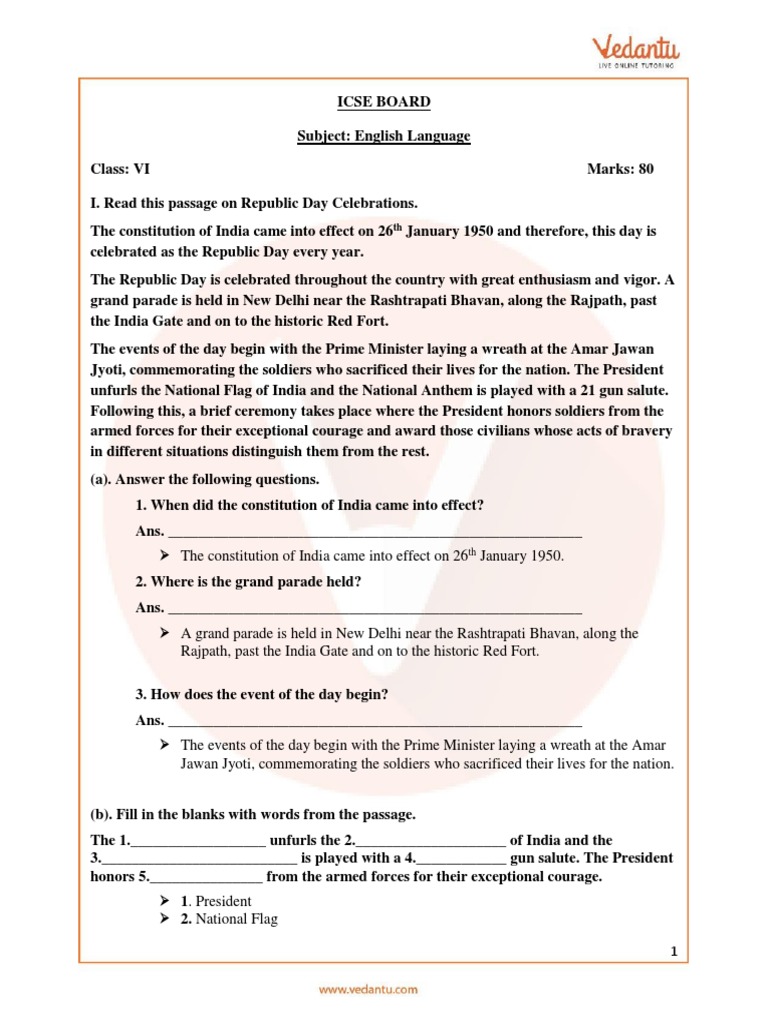 ICSE Sample Papers For Class 6 English Paper 1 (20222023) PDF
