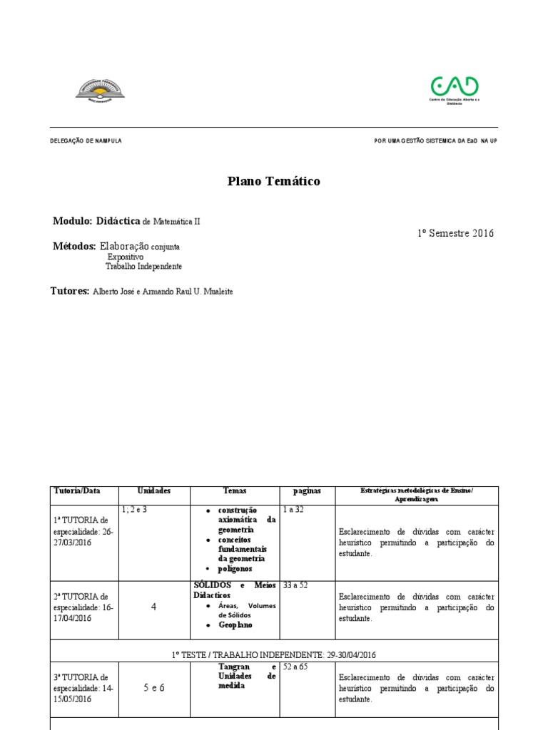 Plano Analitico DMII Ead 2016 PDF Educação à distância Matemática