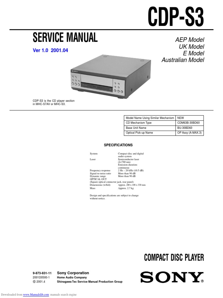 Sony CDP-S3 Service Manual | PDF | Laser | Printed Circuit Board
