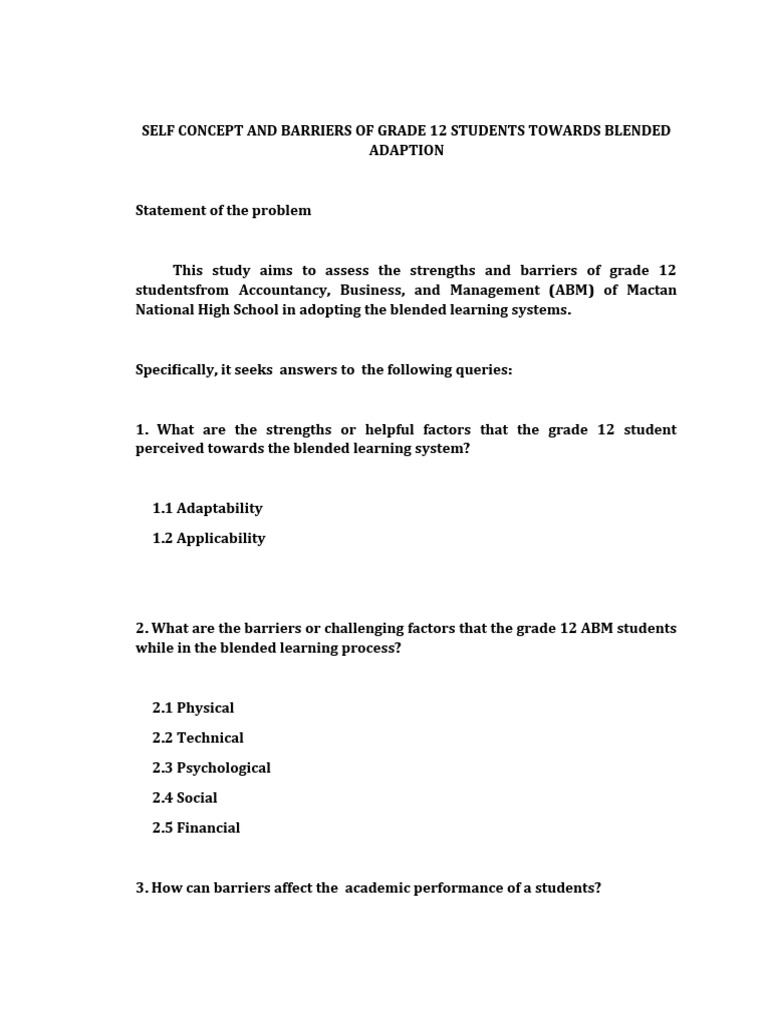 Self Concept and Barriers of Grade 12 Students Towards Blended Adaption ...