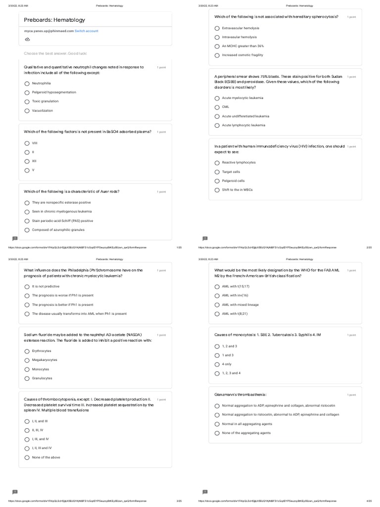 Preboards hematology multiple choice practice questions on