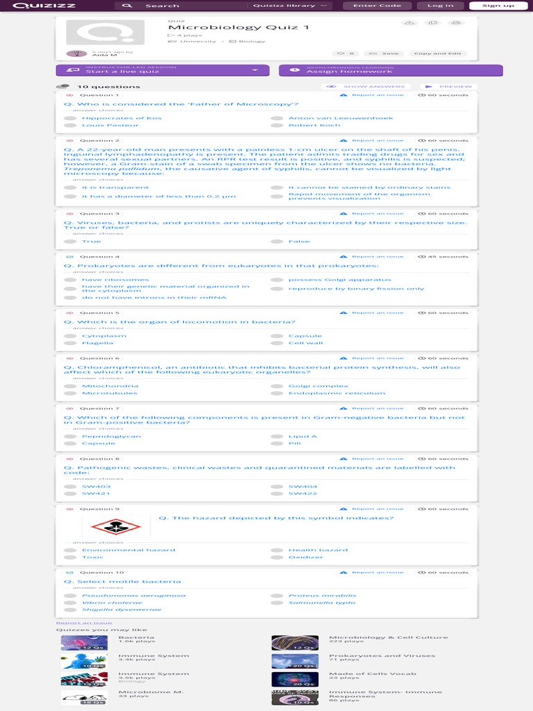 Microbiology Quiz 1 Biology Quizizz PDF
