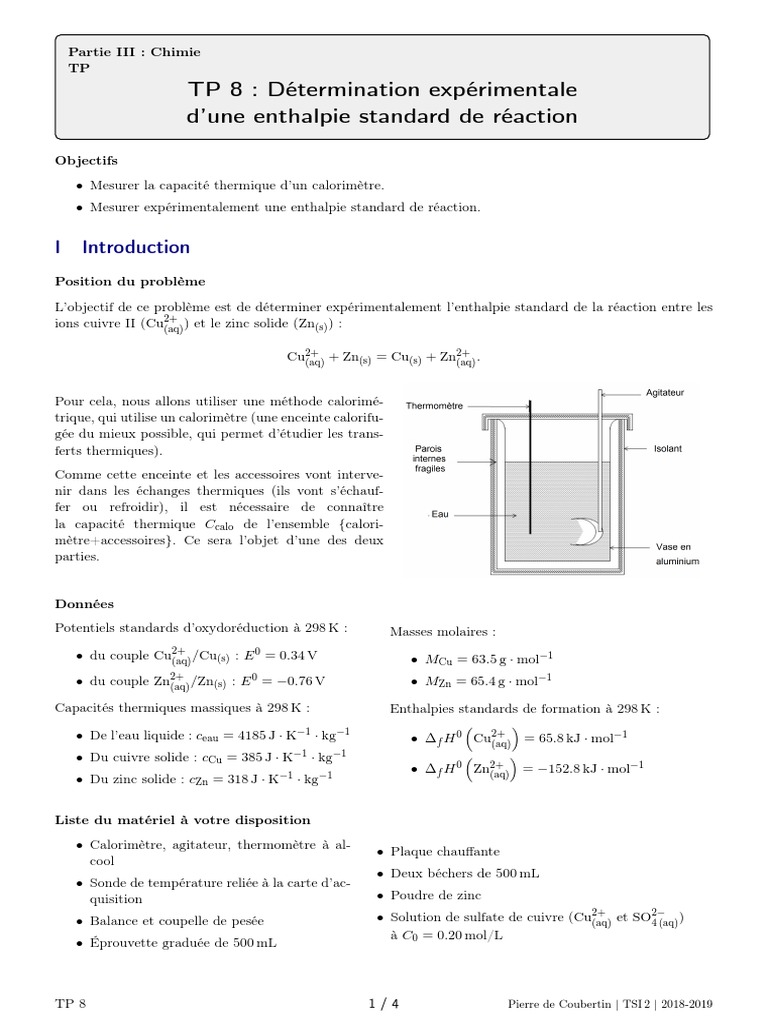 TP Chimie 8 Enthalpie de Reaction | PDF | Température | Capacité thermique