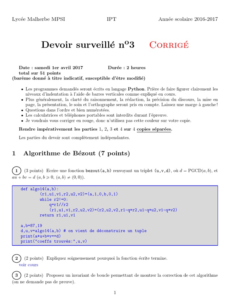 Corrigé Devoir MPSI 2016-2017 Python | PDF | Fonction monotone | Division