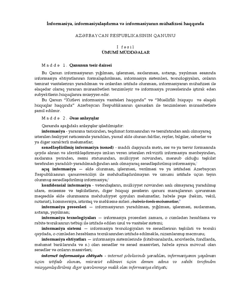 460-IQ - İnformasiya, Informasiyalaşdırma VƏ Informasiyanın Mühafizəsi ...