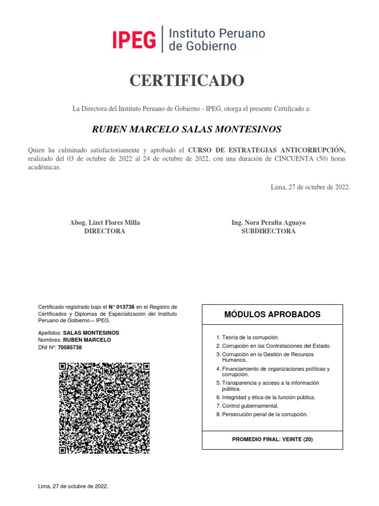 Certificado de Curso Anticorrupción IPEG | PDF
