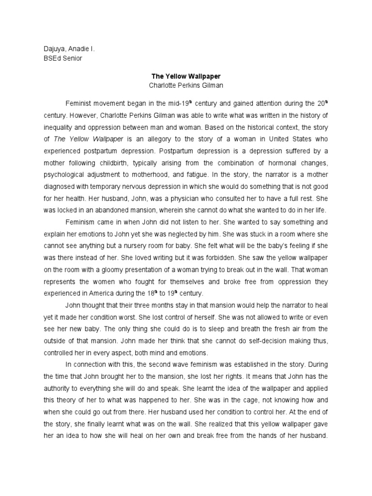 Feminism The Yellow Wallpaper PDF The Yellow Wallpaper Feminism