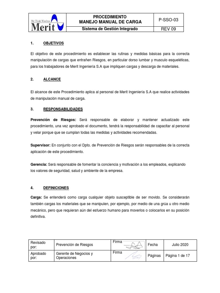 Procedimiento de Manejo Manual de Carga | PDF | Factores humanos y ...