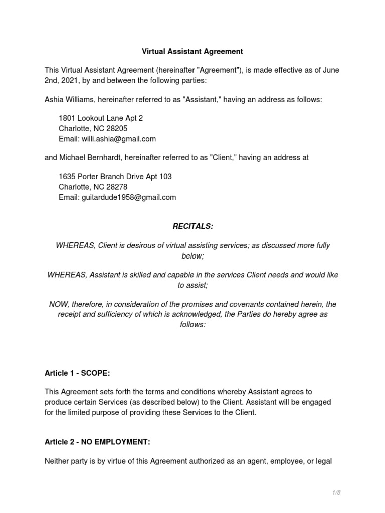Virtual Assistant Agreement Template | PDF | Trade Secret | Arbitration