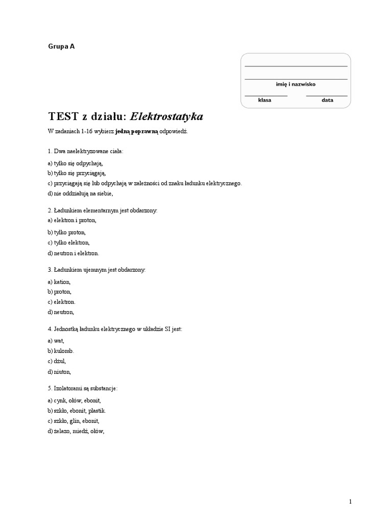 Sprawdzian Z Fizyki O Elektryczności Statycznej Wsip