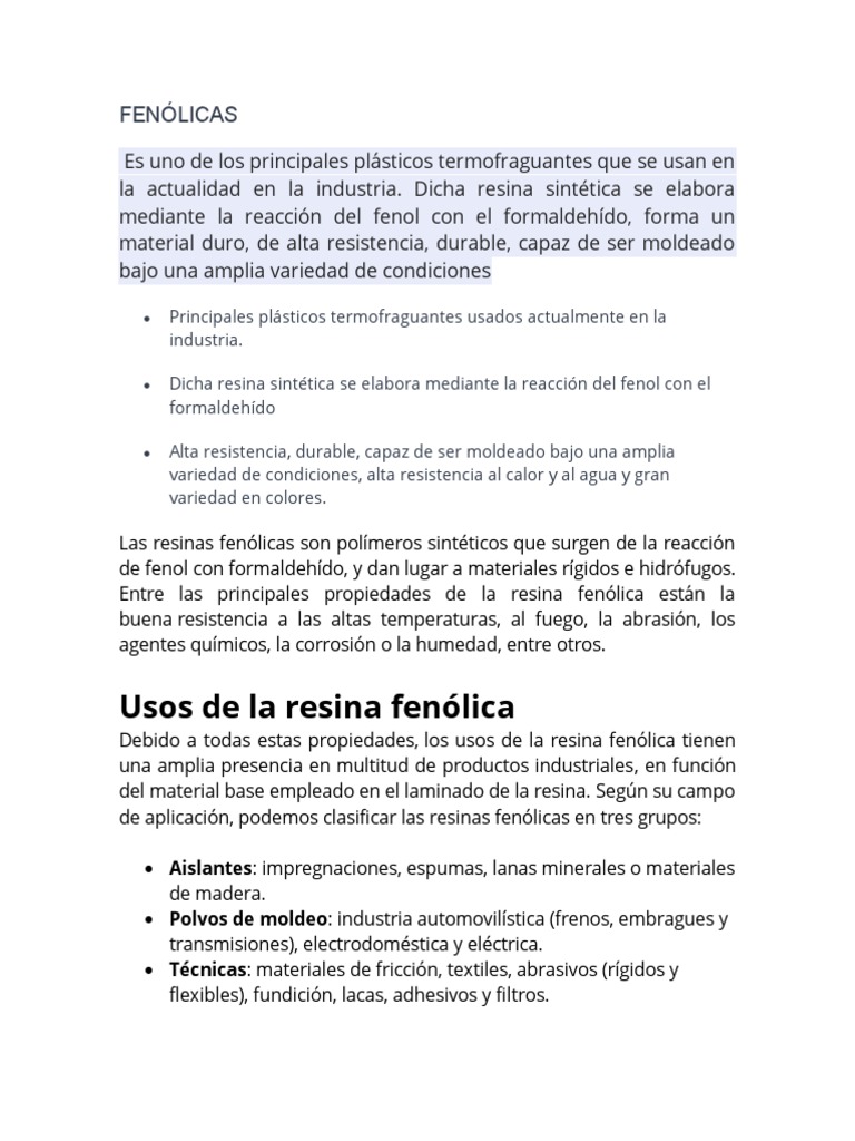Resinas Fenólicas: Propiedades y Usos | PDF | El plastico | Aislamiento ...