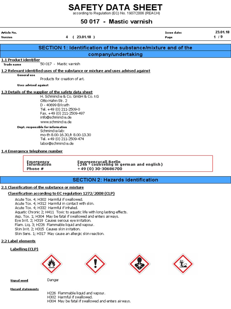 schminke mastic varnish PDF Toxicity Dangerous Goods