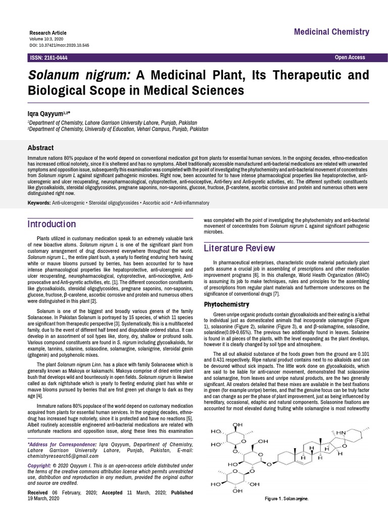 Solanum Nigrum A Medicinal Plant | PDF | Stomach | Pharmacology