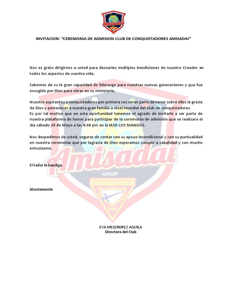 Invitacion A La Ceremonia de Admision Del Club de Conquistadores Amisadai |  PDF, image size:768x1024