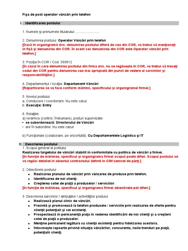 Fisa de Post Operator Vanzari Prin Telefon | PDF