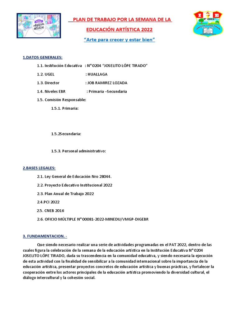 Plan de Trabajo Semana Artística | PDF | Educación en artes visuales ...