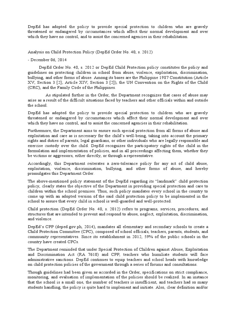 DepEd Child Protection Policy Overview | PDF | Violence | Children's Rights