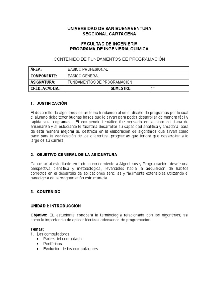 Contenido Programatico - Fundamentos de Programacion | PDF | Algoritmos ...
