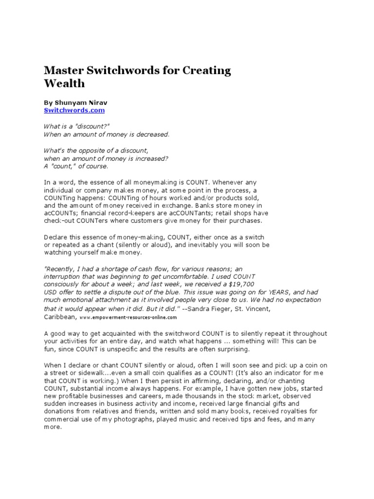 Switchwords for Wealth Creation | PDF | Money | Thought