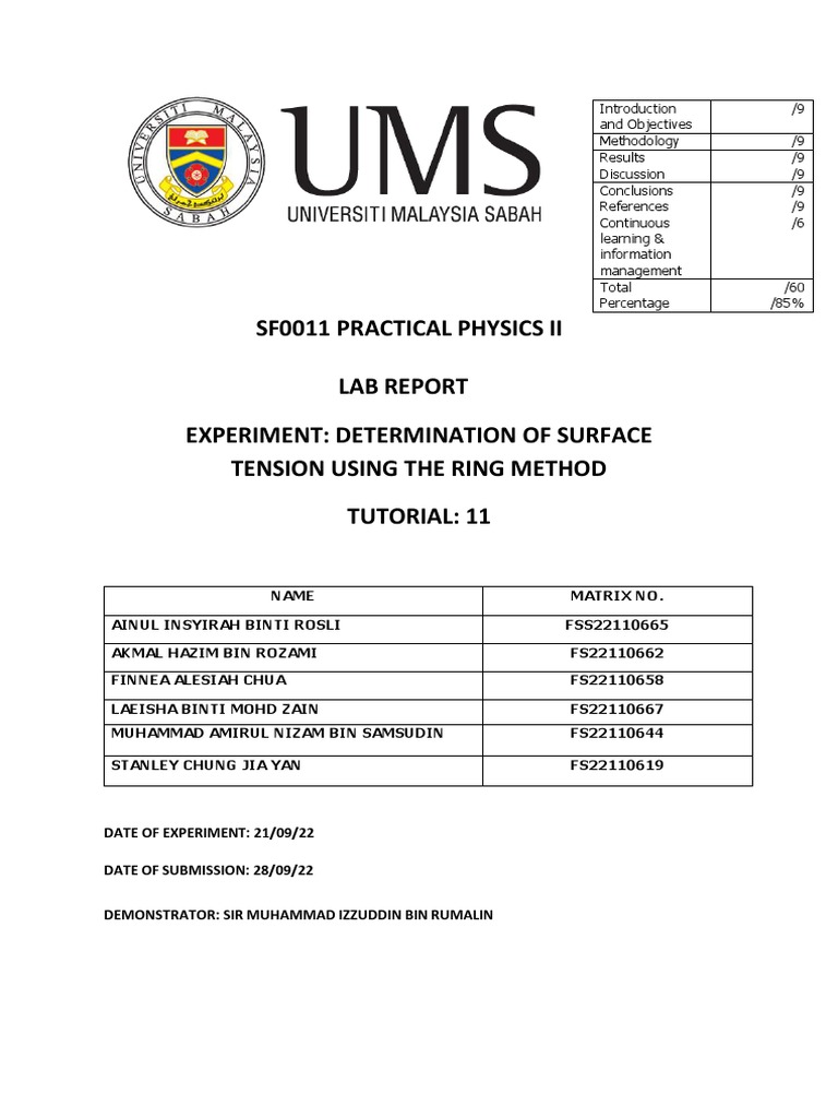Sf0011 Practical Physics Ii Lab Report Experiment Determination of