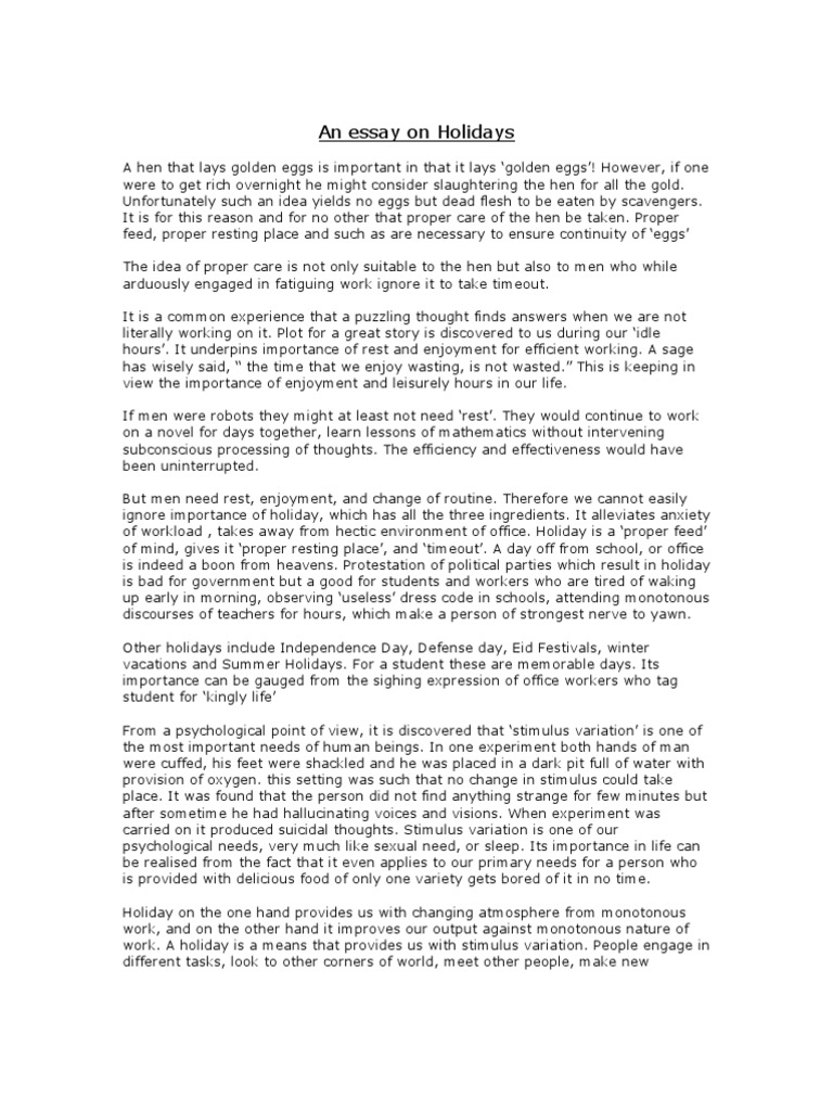 An Essay On Holidays Pdf Behavioural Sciences Psychological Concepts