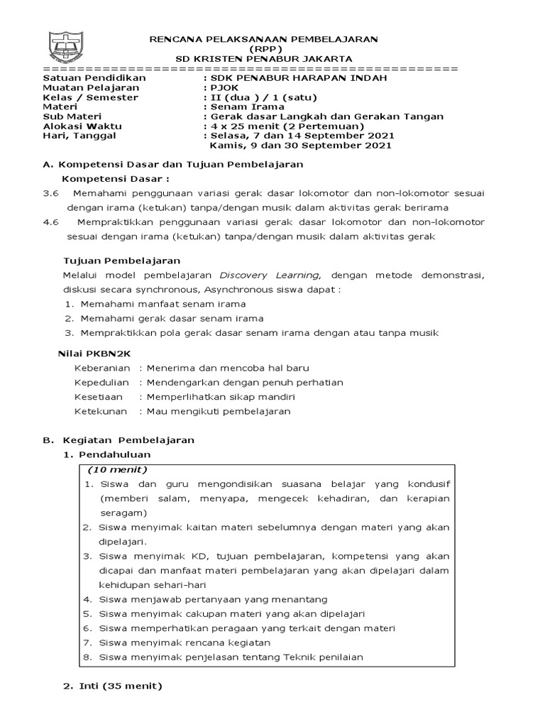 RPP PJOK PJJ Kelas 2 September-November | PDF | Karier & Perkembangan ...