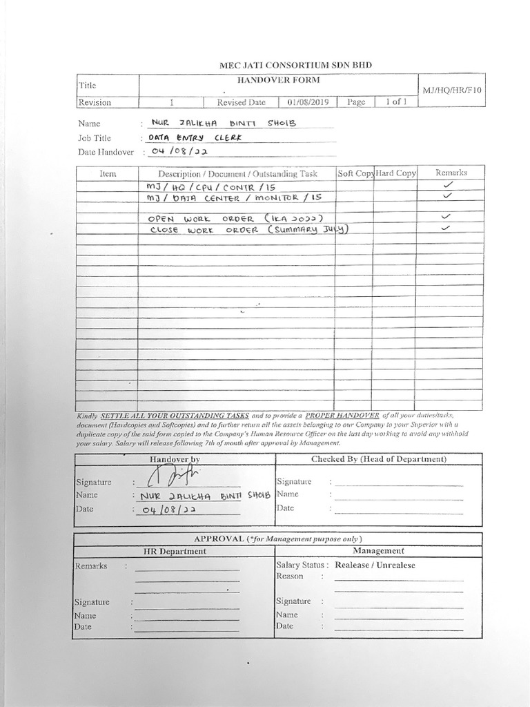 Handover Form | PDF