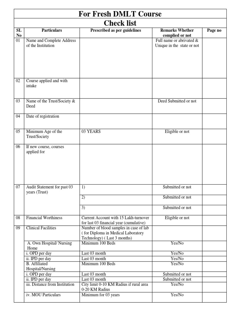For fresh dmlt course check list sl no particulars prescribed as per