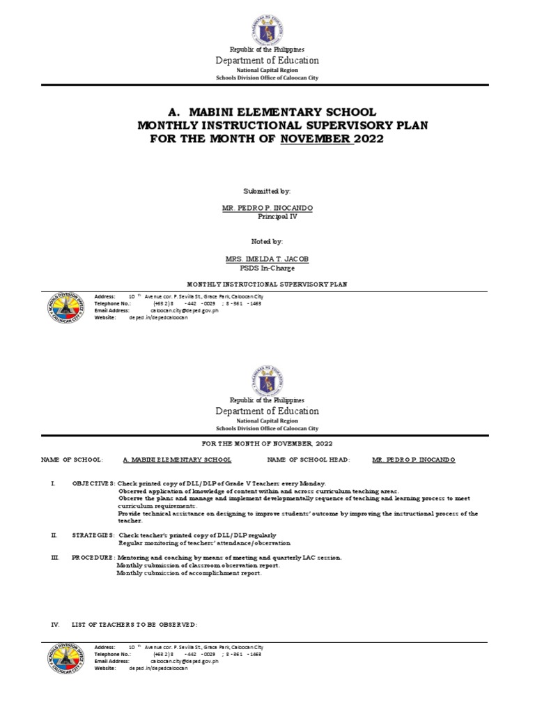 November 2022 monthly instructional supervisory plan egrio pdf