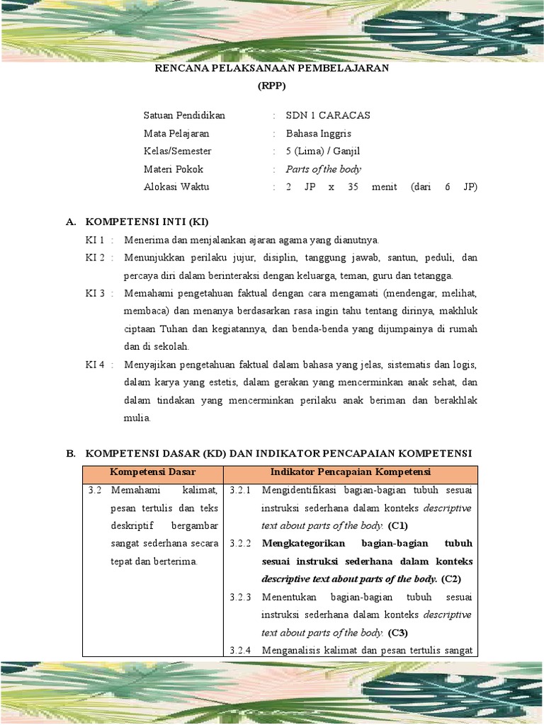 RPP Bahasa Inggris: Bagian Tubuh Kelas 5 | PDF