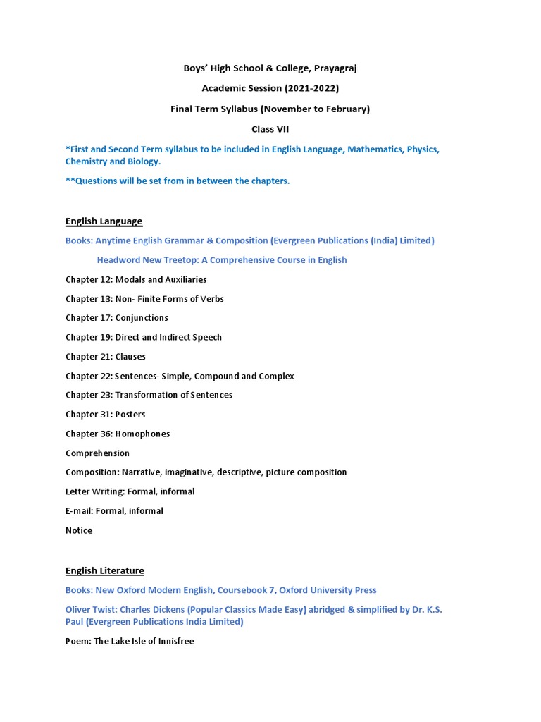Class VII Final Term Syllabus 2021-22 | PDF | English Language ...