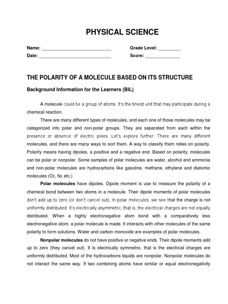 PHYSICAL-SCIENCE_M3_POLARITY-OF-MOLECULES | PDF | Chemical Polarity ...