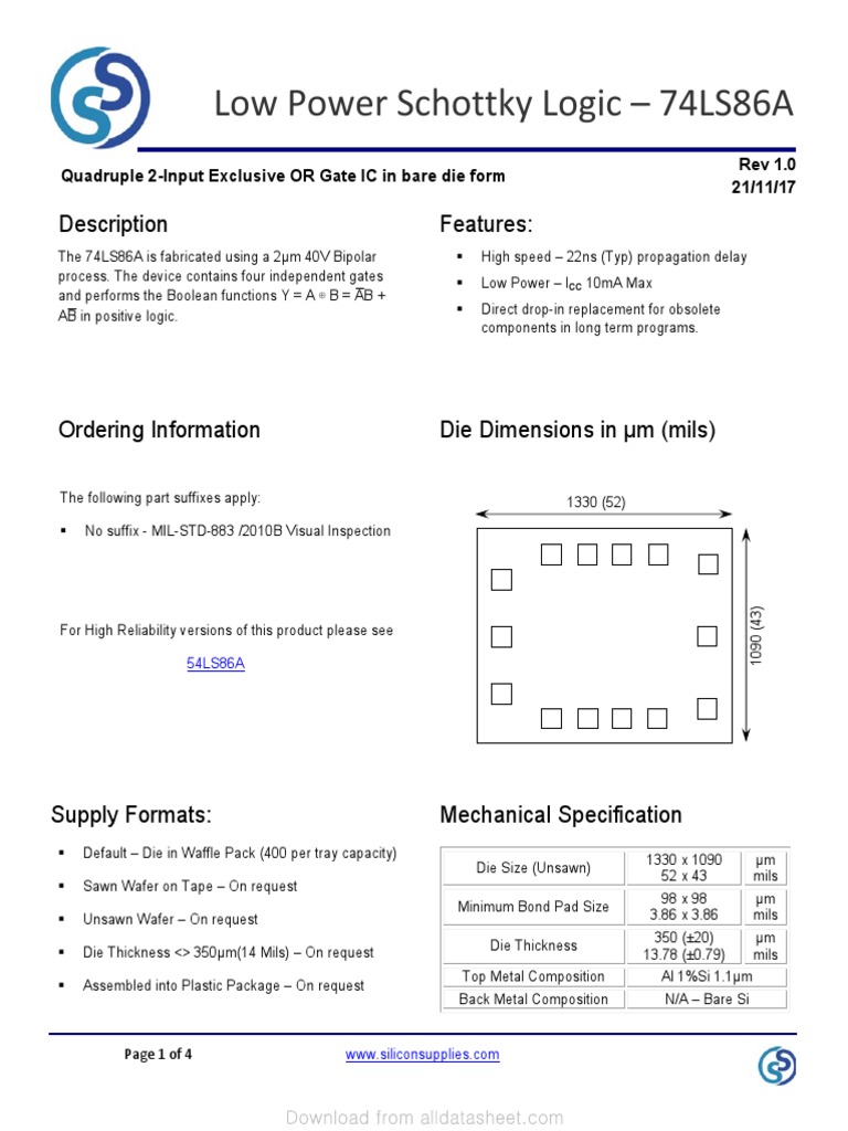 Low Power Schottky Logic - 74LS86A: Features: Description | PDF | Power ...