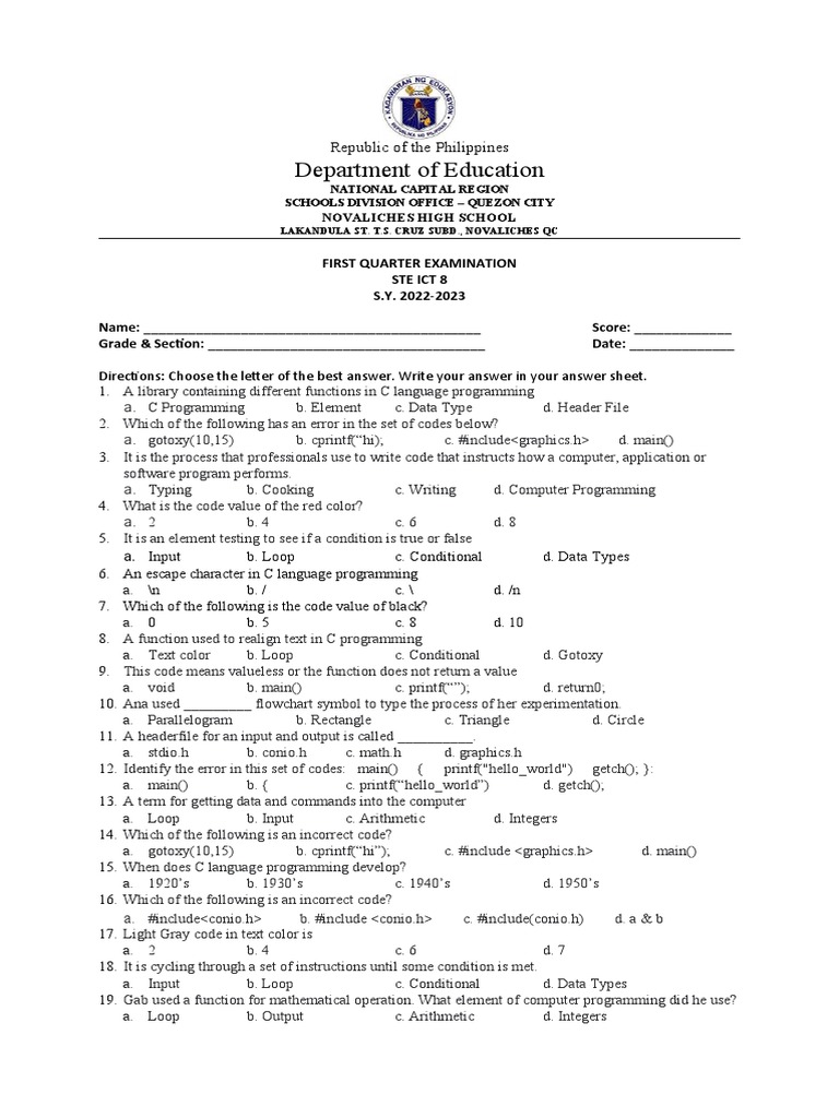 First Quarter Exam STE ICT 8 | PDF | Programming | Computer Program