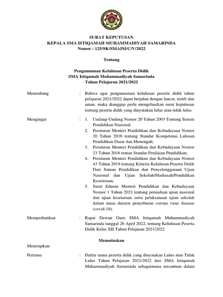 Pengumuman Kelulusan SMAIM 2022 | PDF
