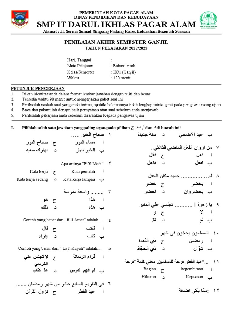 Soal Ujian Bahasa Arab Kelas 9 | PDF