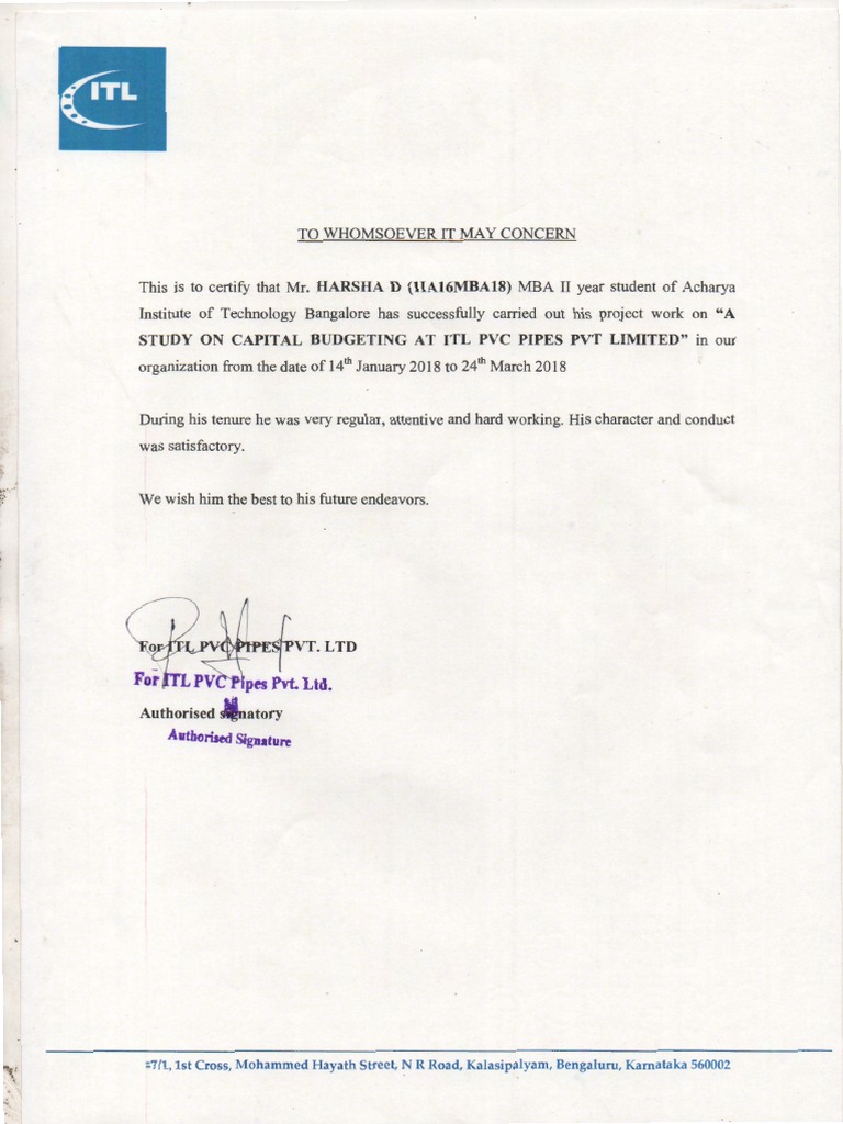 A Study On Capital Budgeting of The Company ITL PVC Pipes Pvt. LTD ...