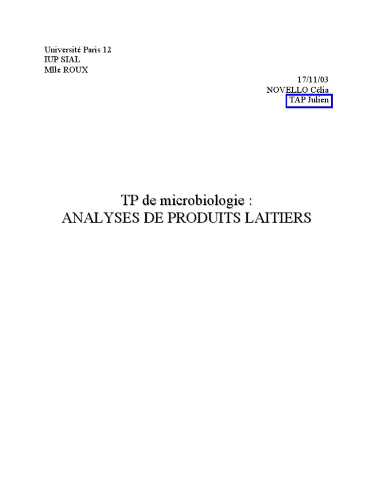 Compte Rendu Tp Analyse Microbiologique Du Lait TP de Microbio Des Produits Laitiers | PDF | Yaourt | Staphylococcus