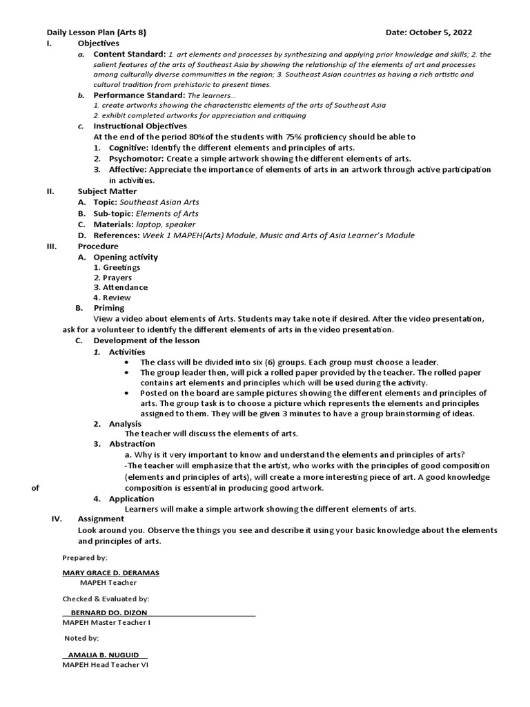 4AsDaily-lesson-plan-ARTS | PDF | Lesson Plan | Learning