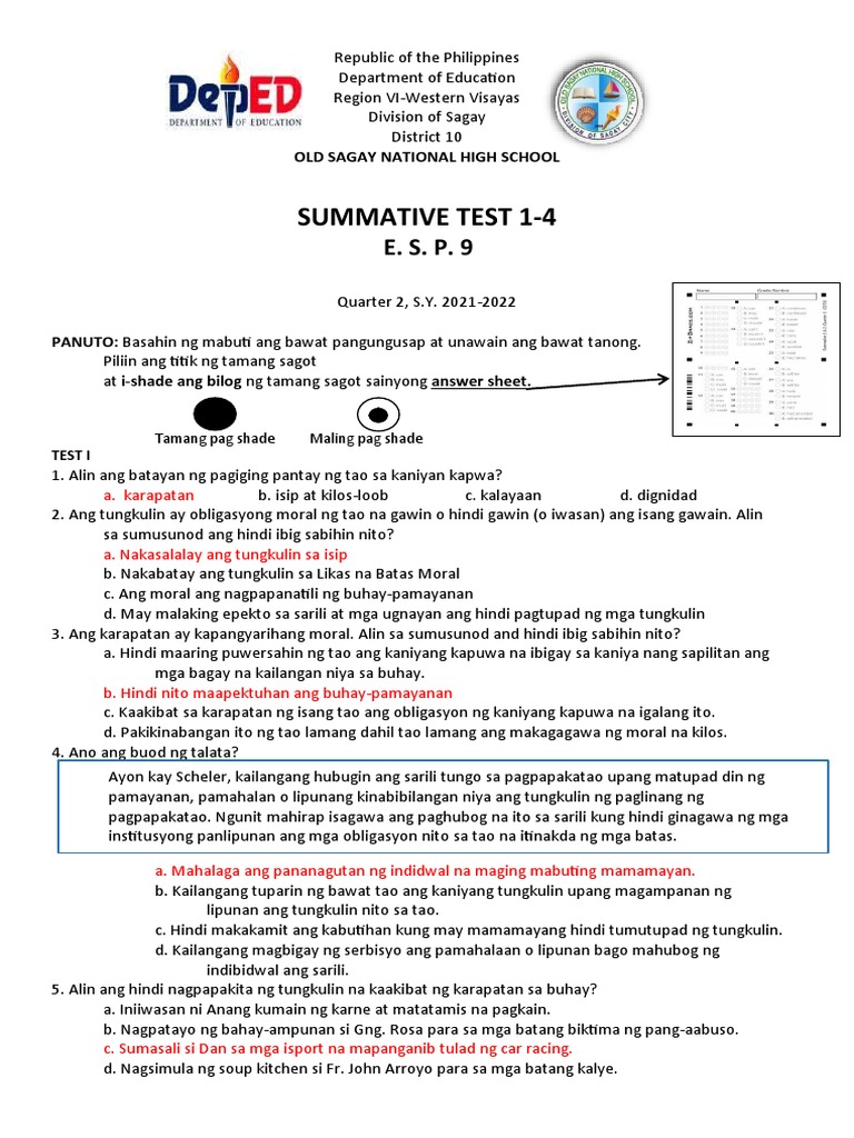 Diagnostic Test - ESP 9 - Q2 - SY22-23 | PDF