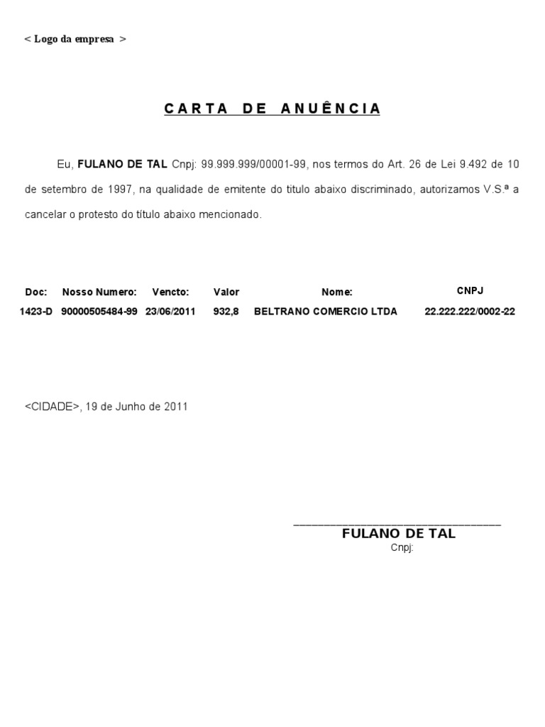 Modelo Carta de Anuencia PDF Brasil Business