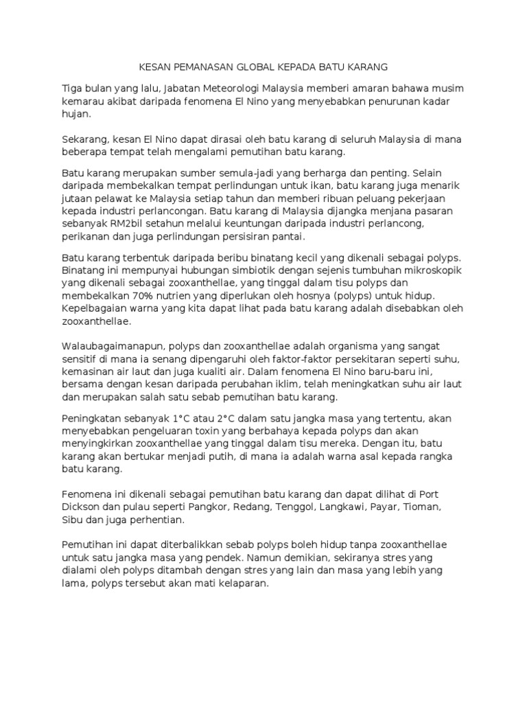 Kesan Pemanasan Global Kepada Batu Karang Pdf