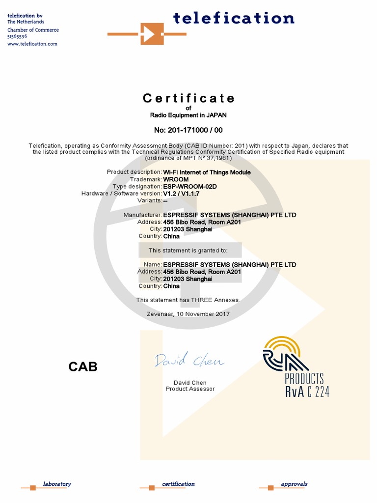 Esp Wroom 02d Telec Certificate PDF Ieee 802.11 Radio