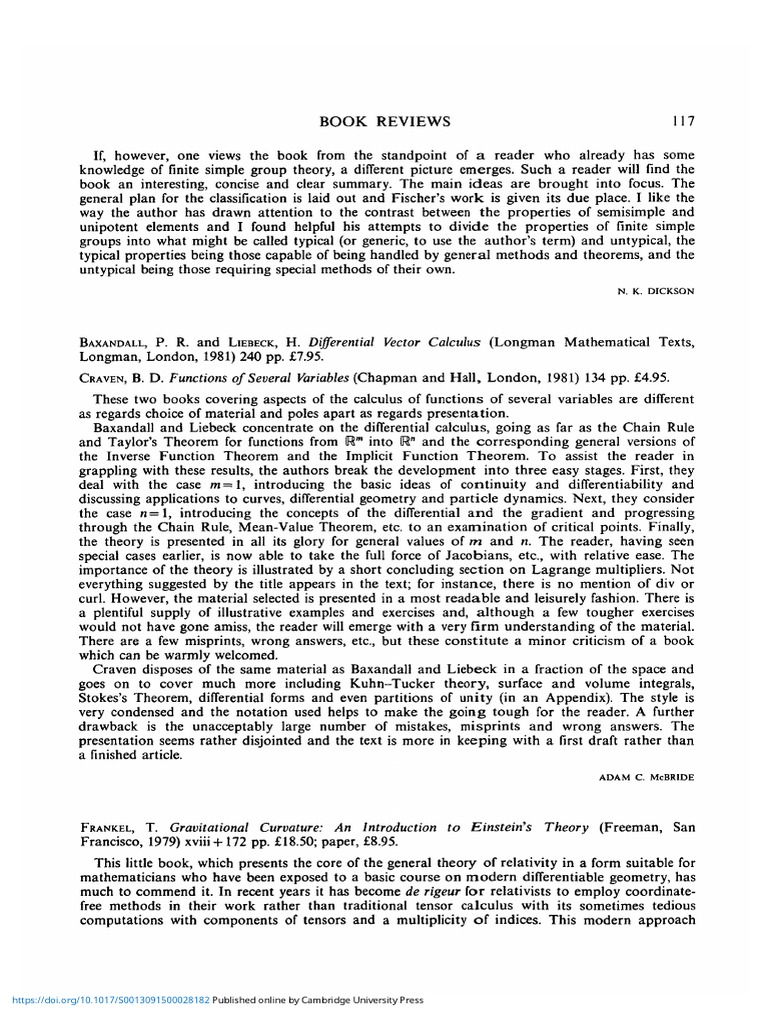 P R Baxandall and H Liebeck Differential Vector Calculus Longman Mathematical Texts Longman