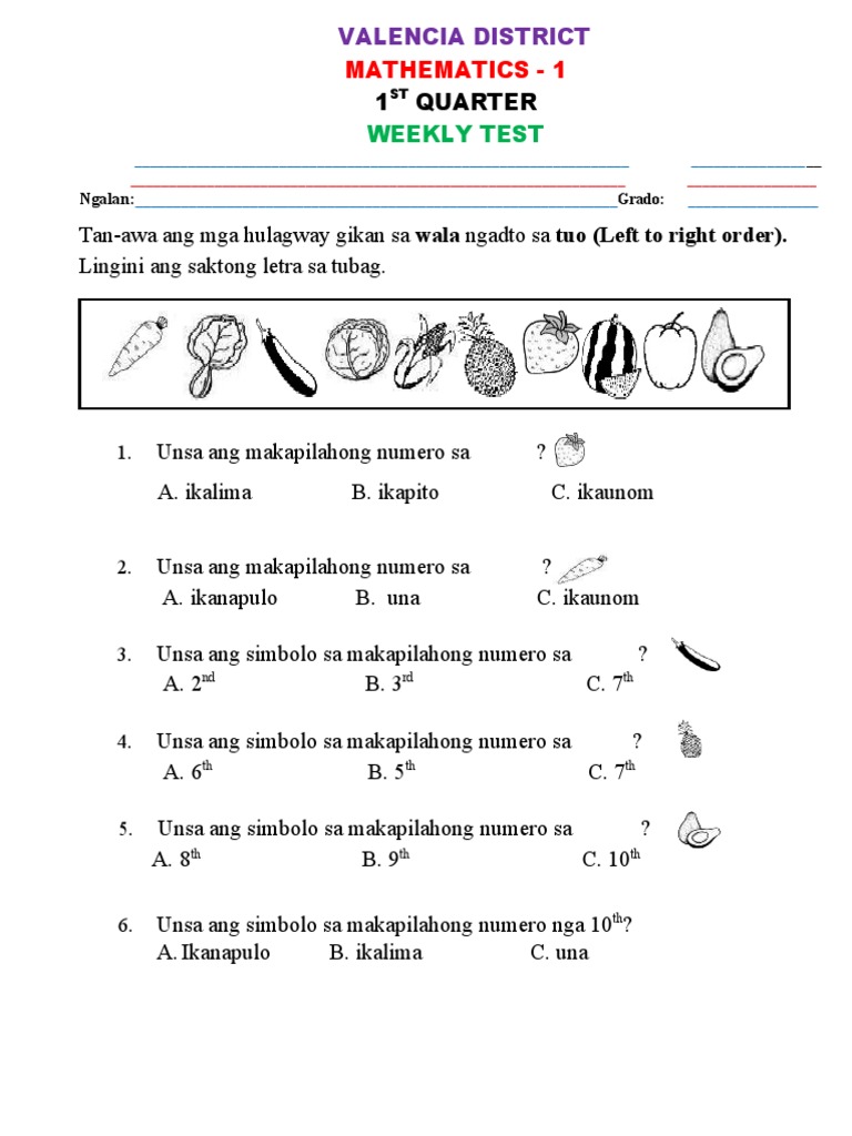 MATH WEEKLY TEST Bisaya Quarter 1 Week 7 | PDF